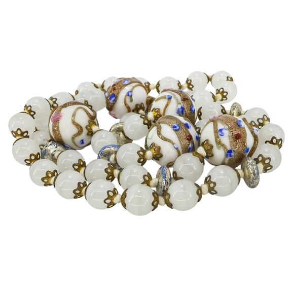 Vintage Venetian Opaline Opalescent Glass Wedding Cake Murano Bead Necklace 23” - Picture 6 of 6